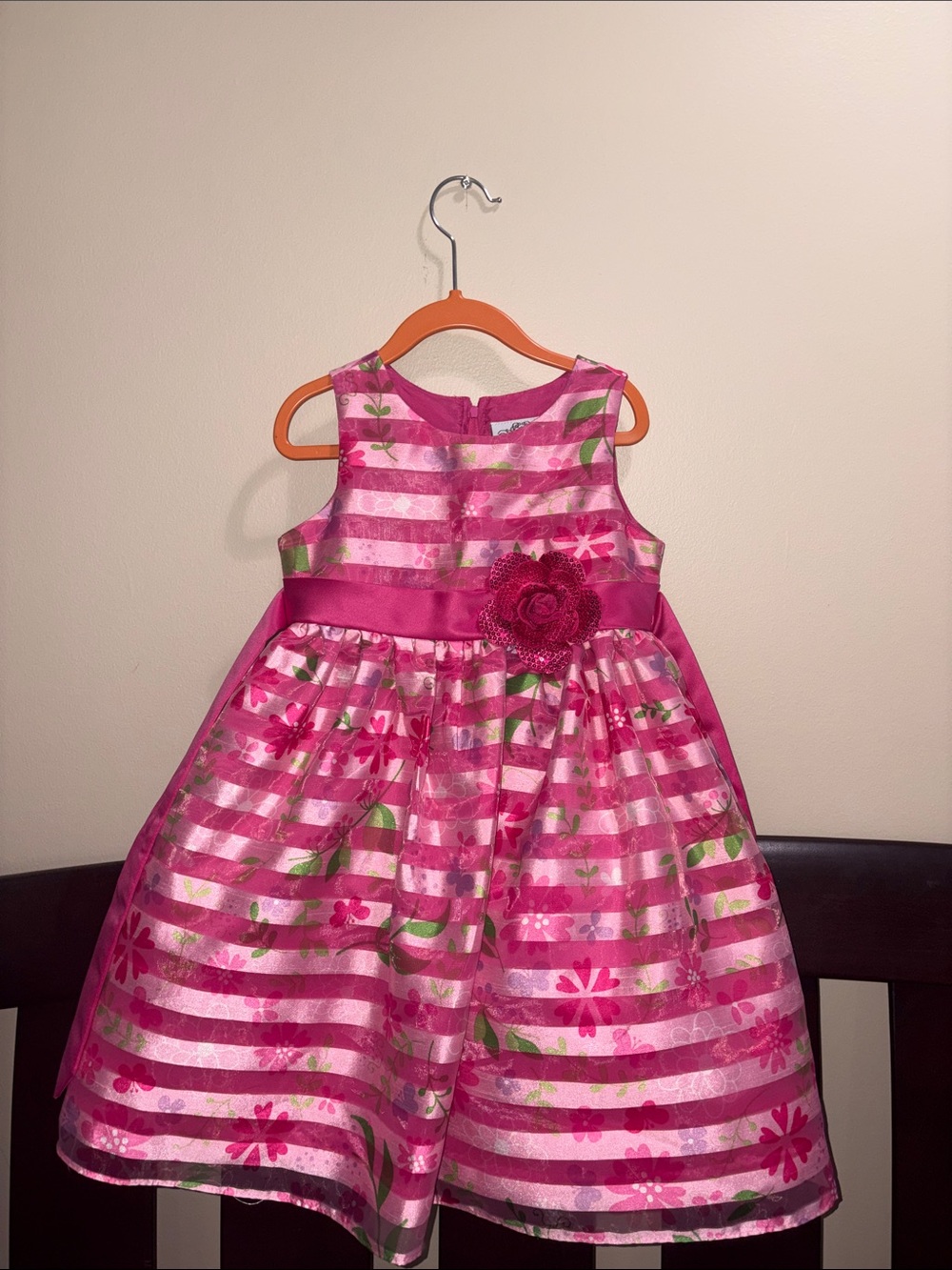 Girls' Pink Floral Stripe Party Dress with Flower Sash